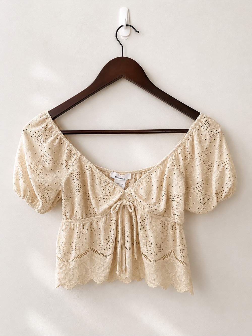 Urban Romantics Eyelet Lace Peplum Crop Top Cream Puff Sleeve XS